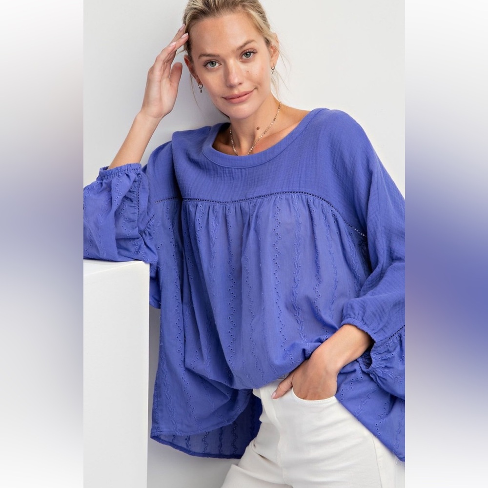 Relaxed Eyelet Peasant Top in Periwinkle Blue - Picture 3 of 5